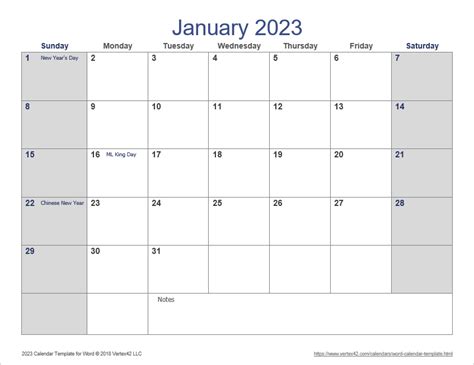 calendar template word 2023